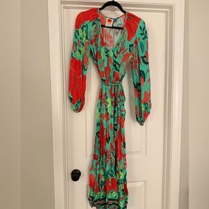 FARM Rio Red and Green Floral Long Sleeve Dress
